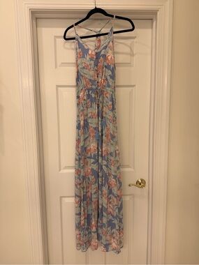 Floral Spaghetti Strap Maxi Dress in Light Blue and Coral
